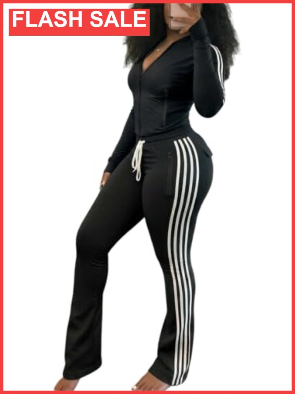 Women's Brushed Knit Cropped Zip Tracksuit Set Striped Flare Pants Lounge